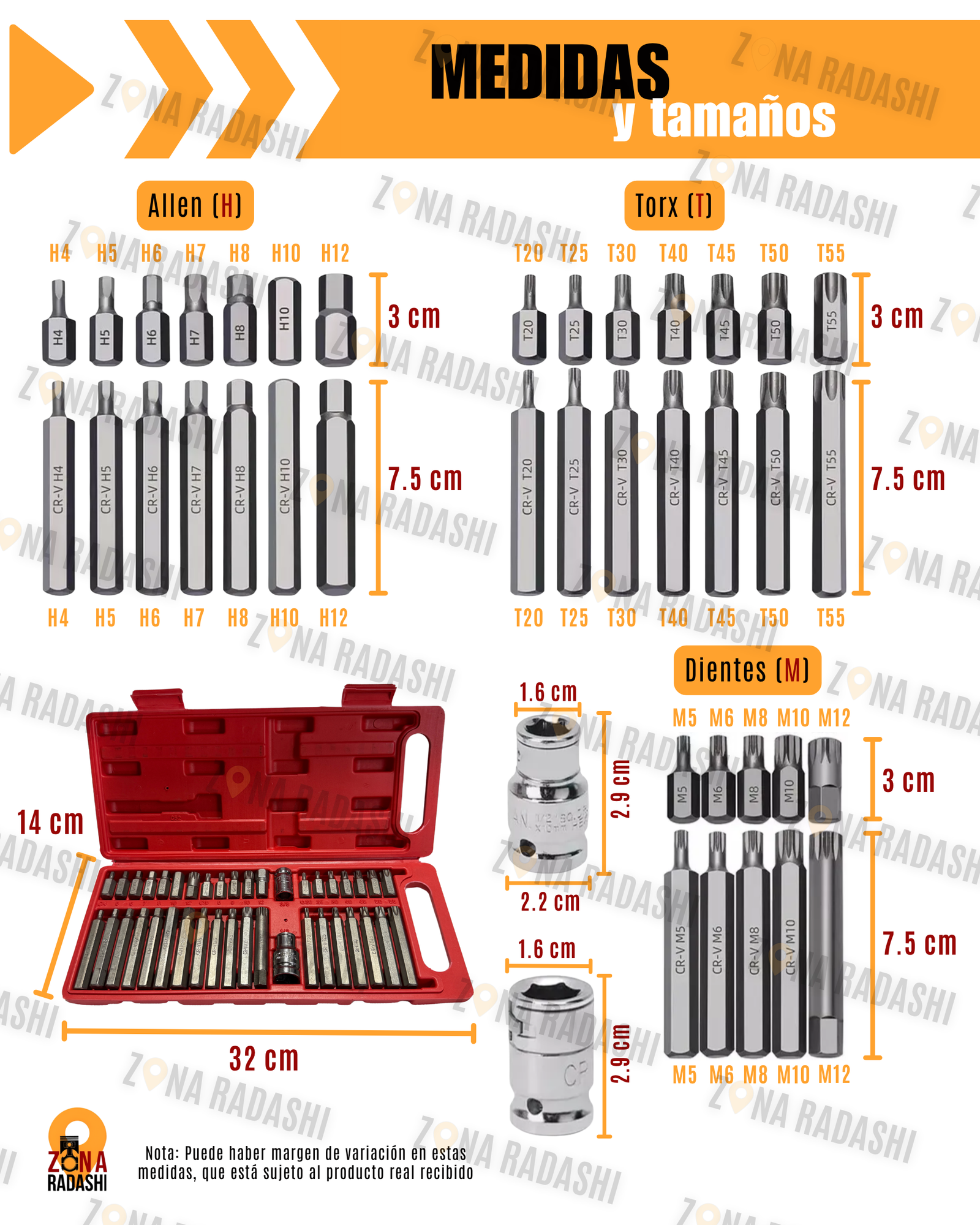 tamaños y medidas de puntas torx, allen y estrías