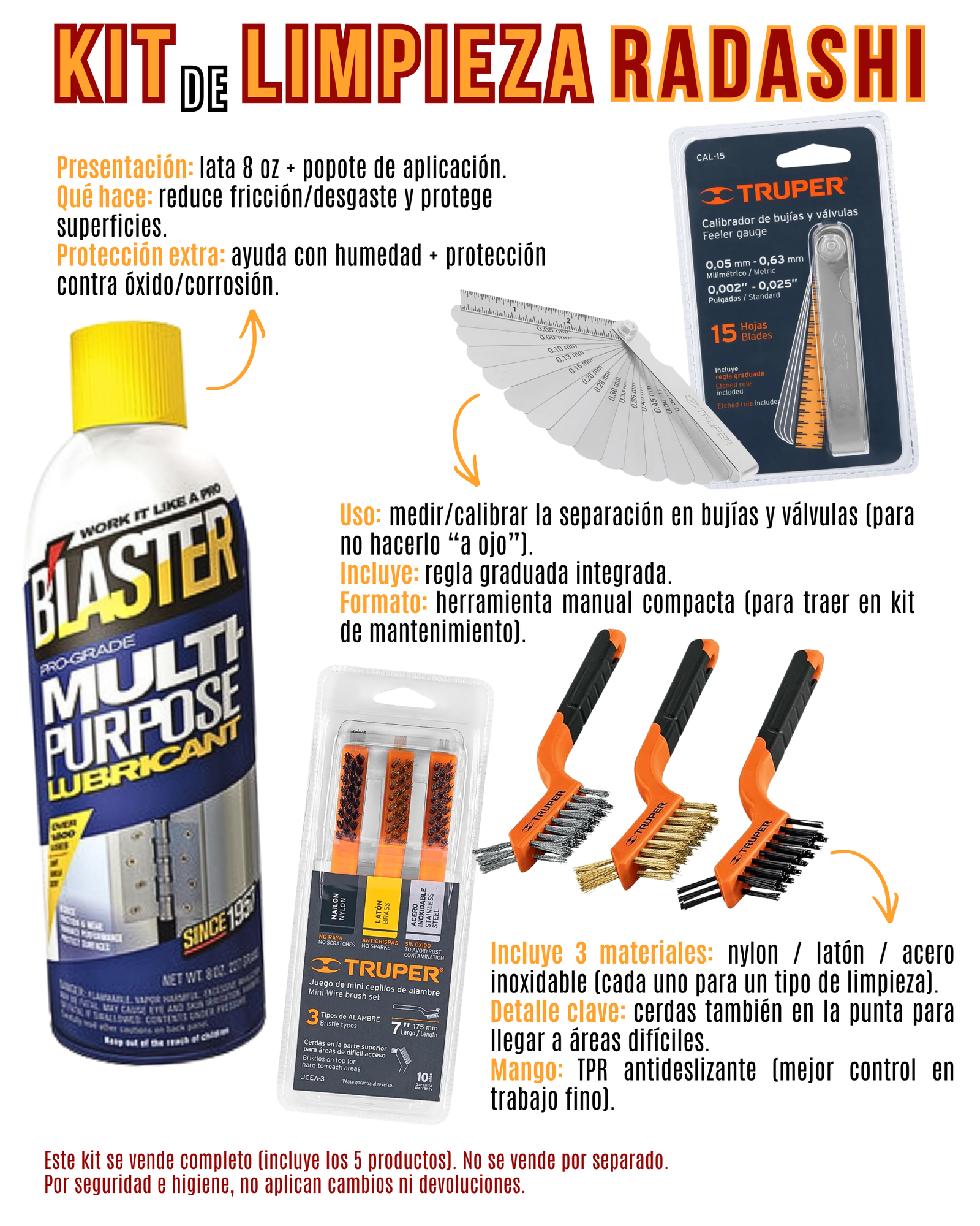 blaster, cepillo, calibrador lubricante multiuso, cepillos maecánica, calibradores