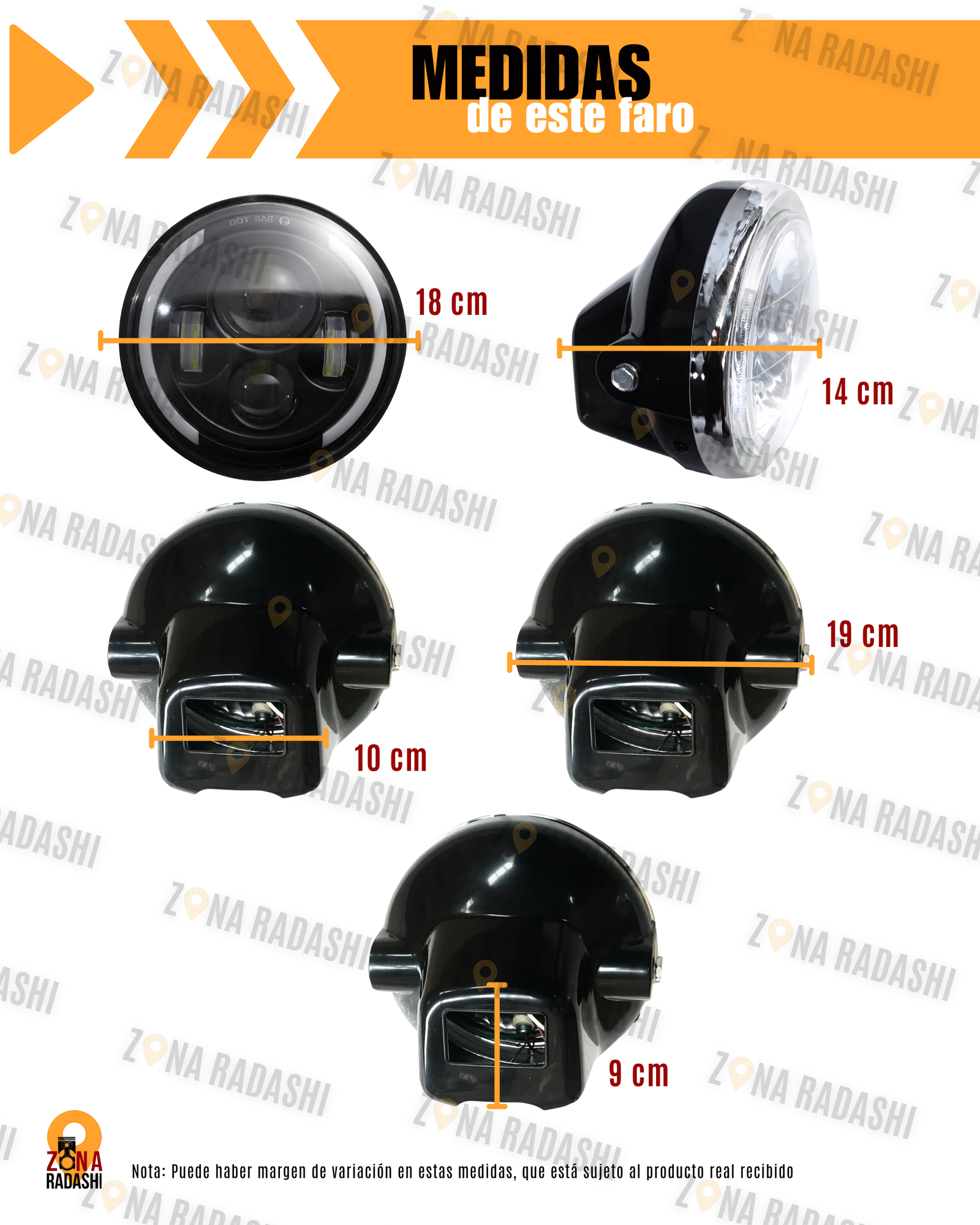 medidas Faro LED 7” para moto